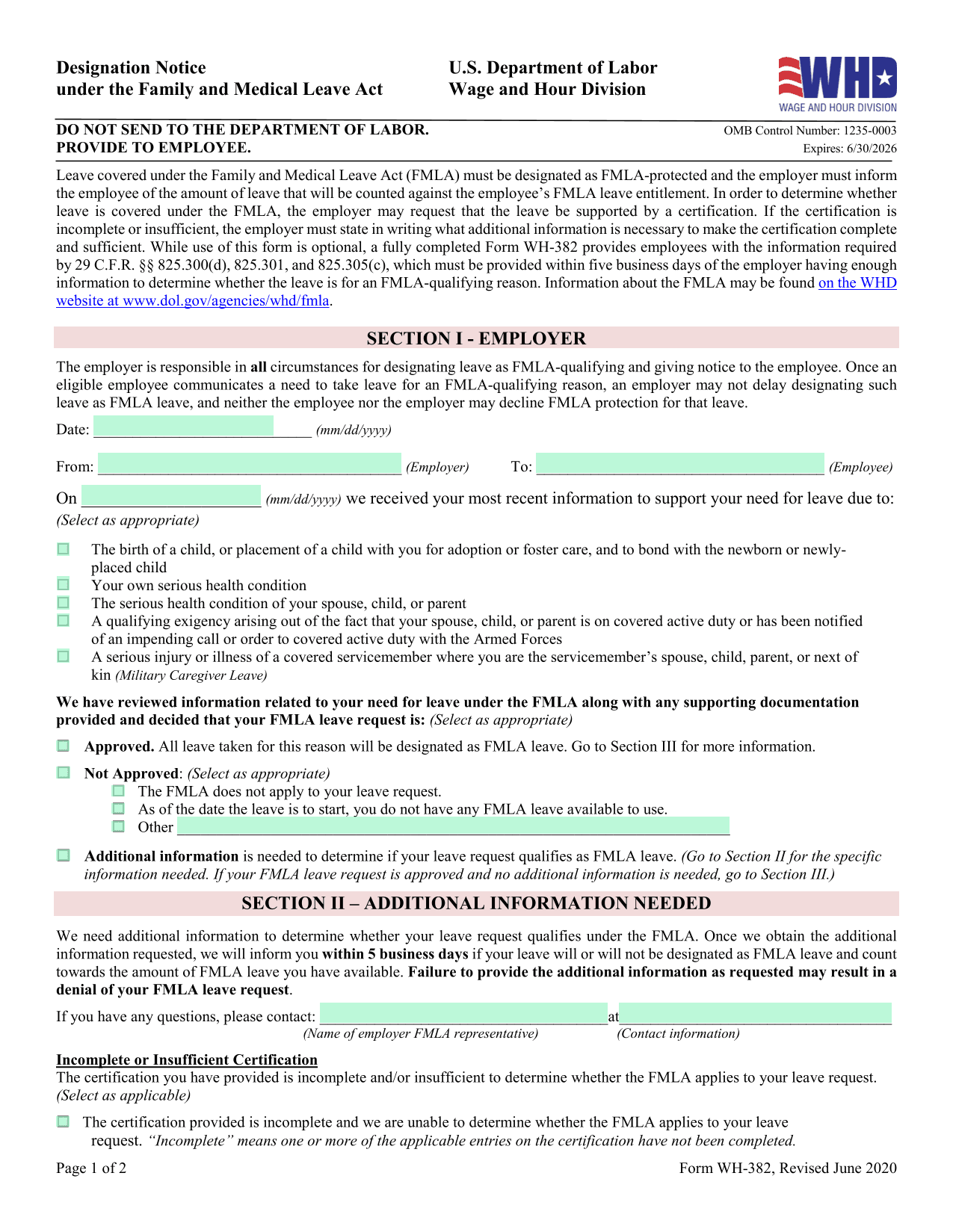 FMLA Designation Notice (WH 382) screenshot