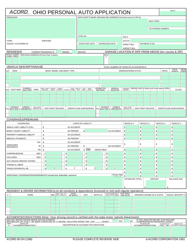 Ohio Personal Auto Application (ACORD 90 OH) screenshot