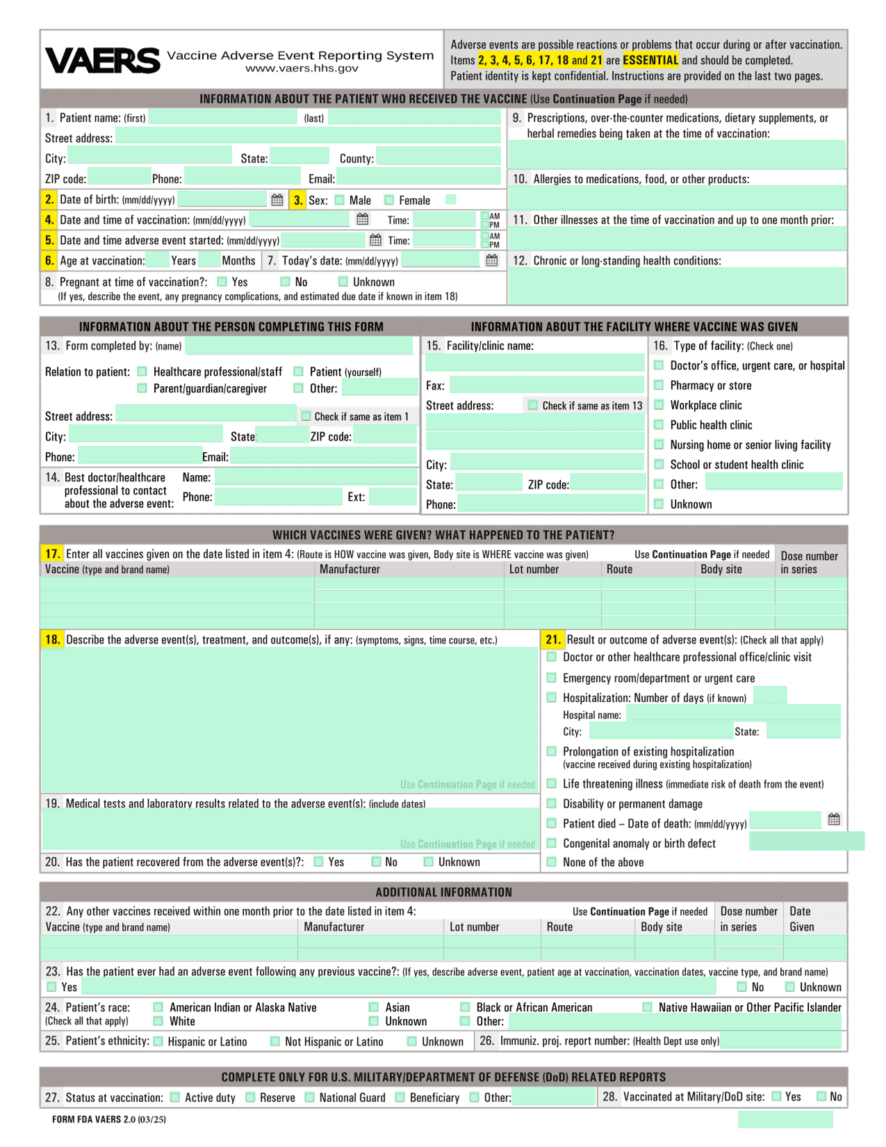 Vaccine Adverse Event Reporting System (VAERS Form 2.0) screenshot
