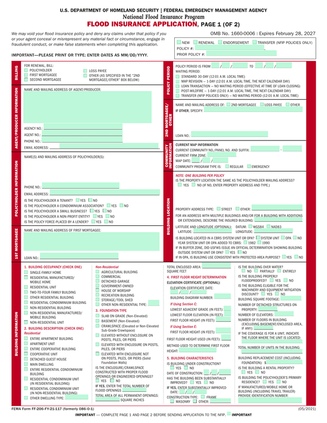 Flood Insurance Application (Page 1) screenshot