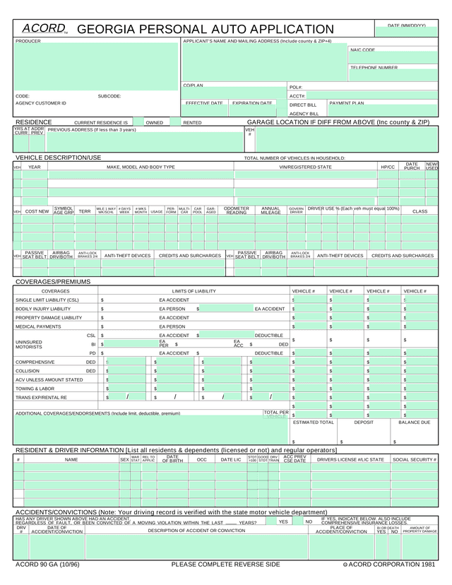 Georgia Personal Auto Application (ACORD 90 GA) screenshot