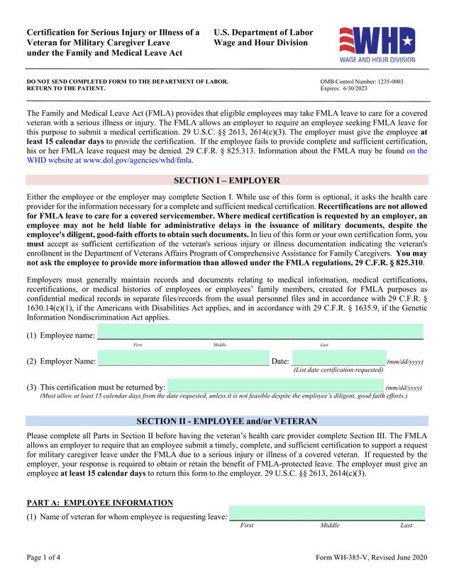 Veteran Military Caregiver Leave Form (WH 385 V) screenshot