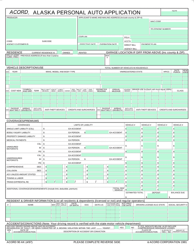 Alaska Personal Auto Application (ACORD 90 AK) screenshot