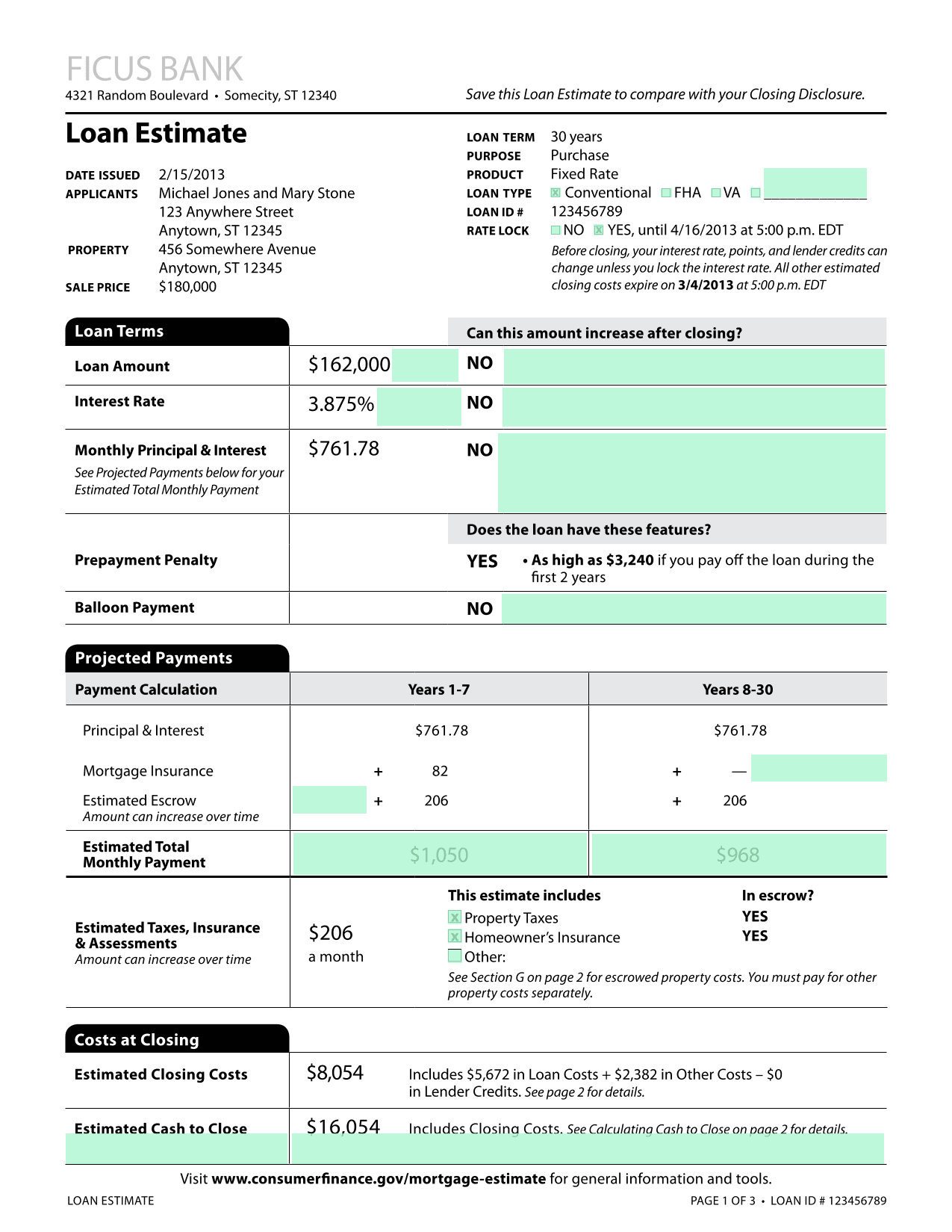 Loan Estimate (Mortgage Document) screenshot