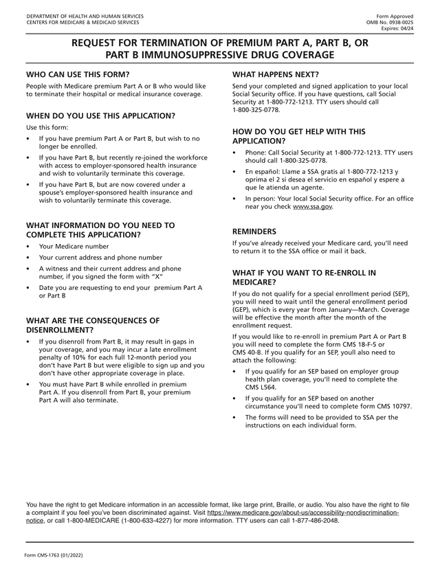 Request For Termination Of Medicare Premium Coverage (CMS 1763) screenshot