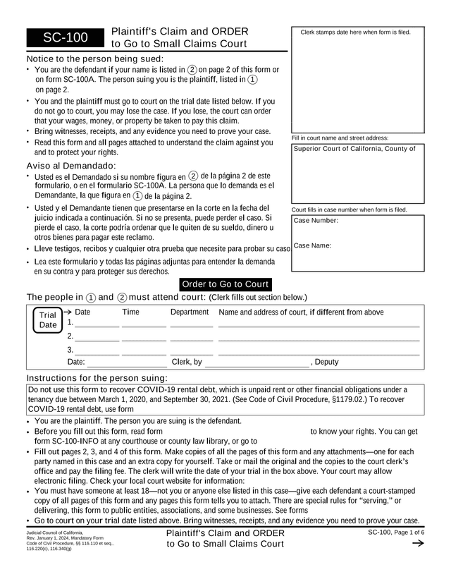 CA Small Claims Court SC 100 screenshot