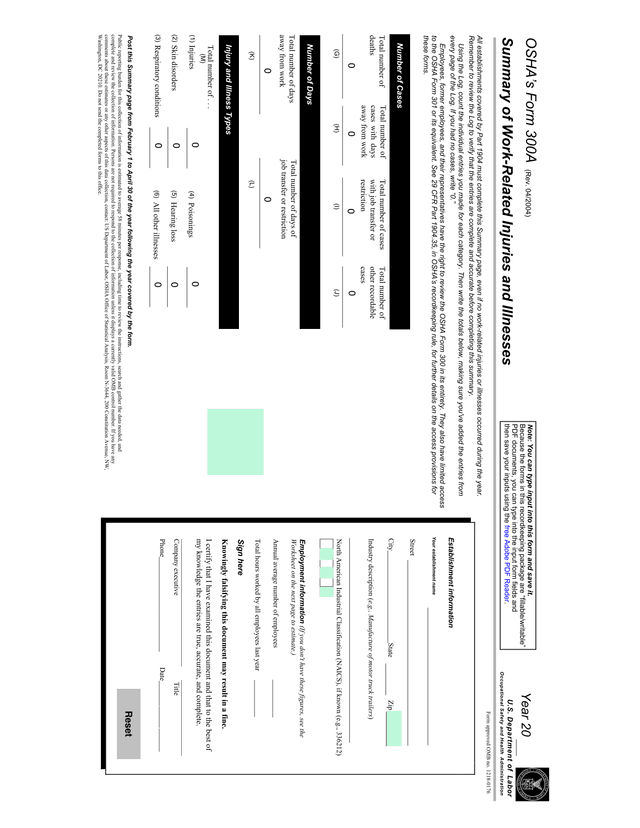 Work Related Injuries  Illnesses Summary (OSHA Form 300A) screenshot