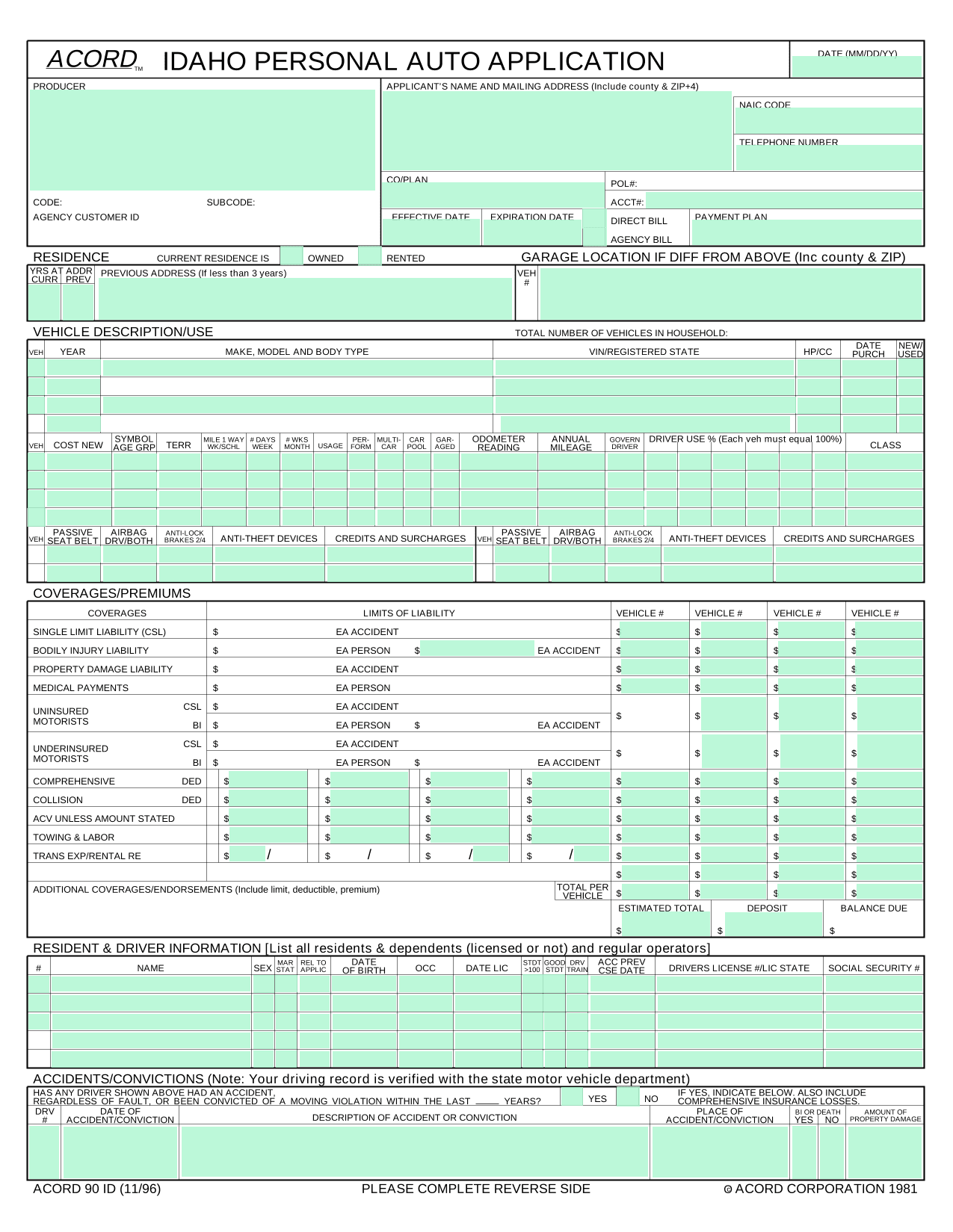 Idaho Personal Auto Application (ACORD 90 ID) screenshot