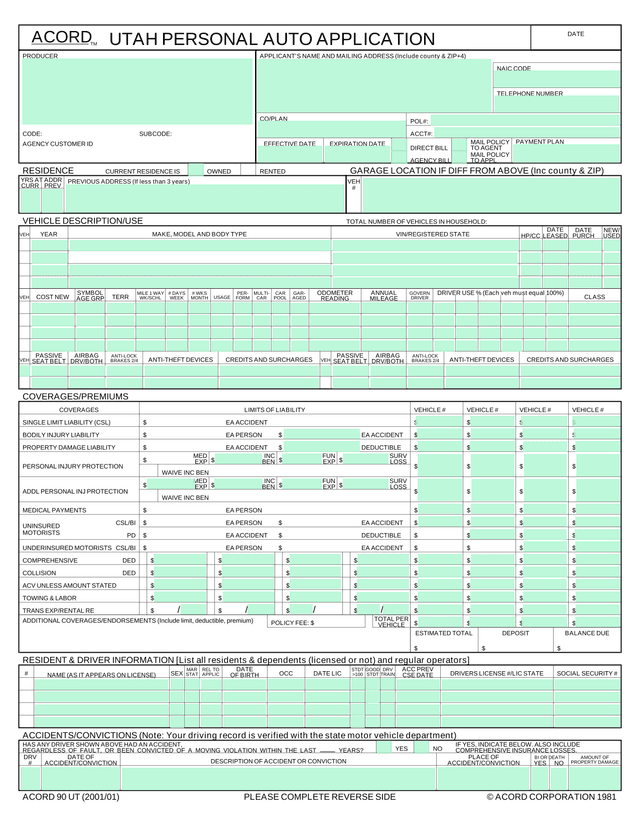 Auto Insurance Application Form screenshot
