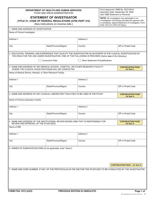 Statement Of Investigator (FDA Form 1572) screenshot