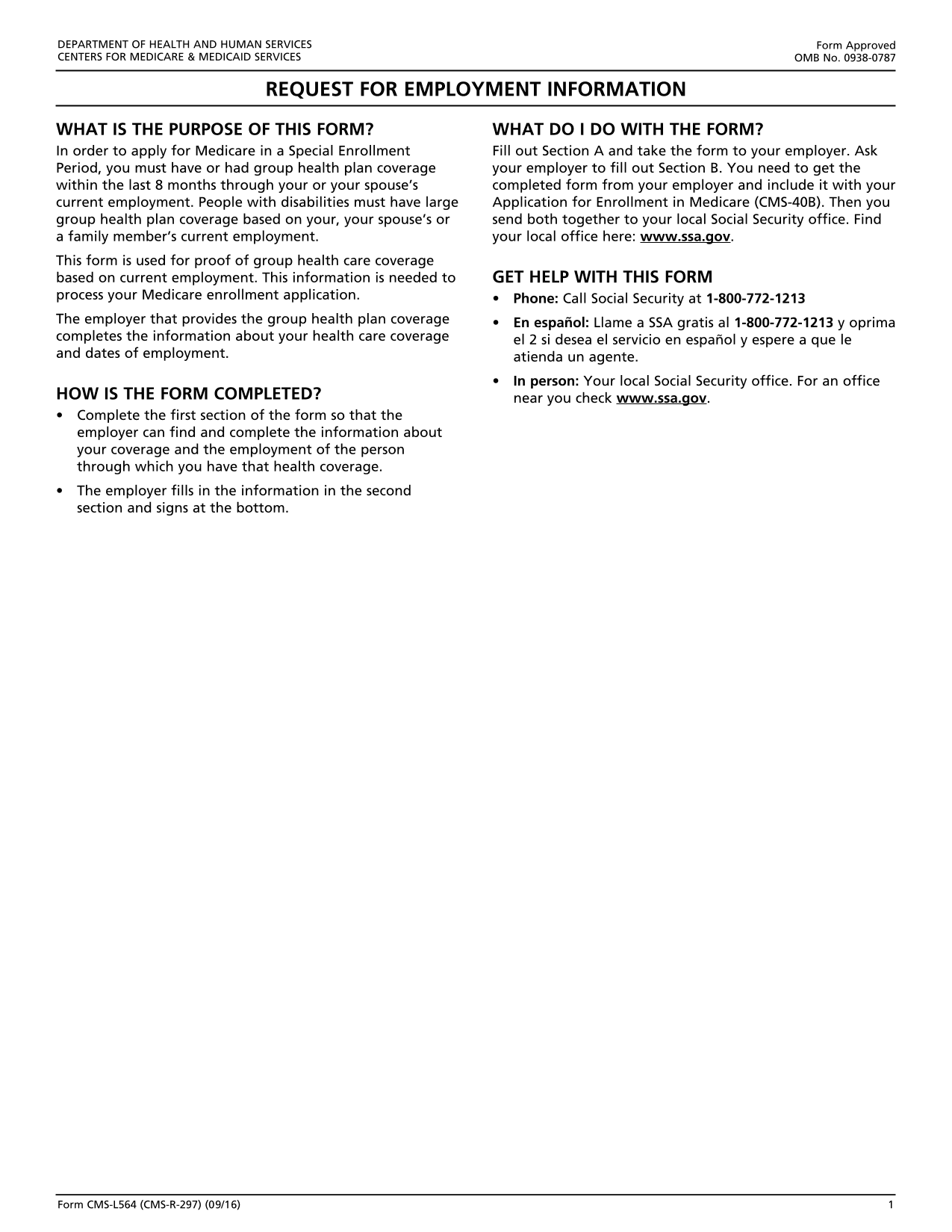 Request For Employment Information (CMS L564) screenshot