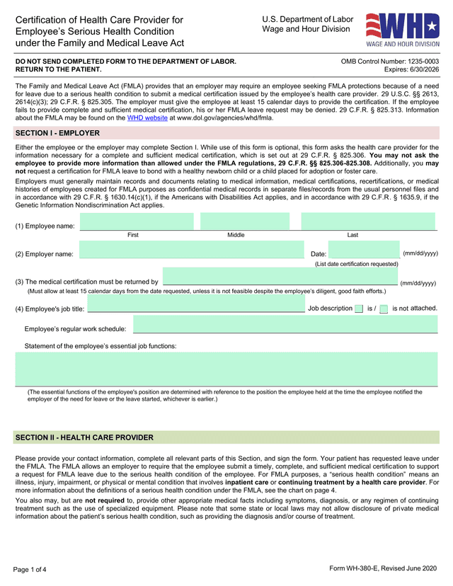 EmployeeS Serious Health Condition Form (WH 380 E) screenshot