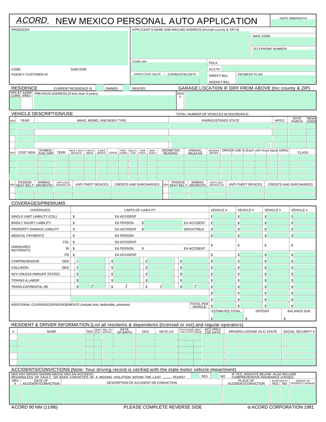 New Mexico Personal Auto Application (ACORD 90 NM) screenshot