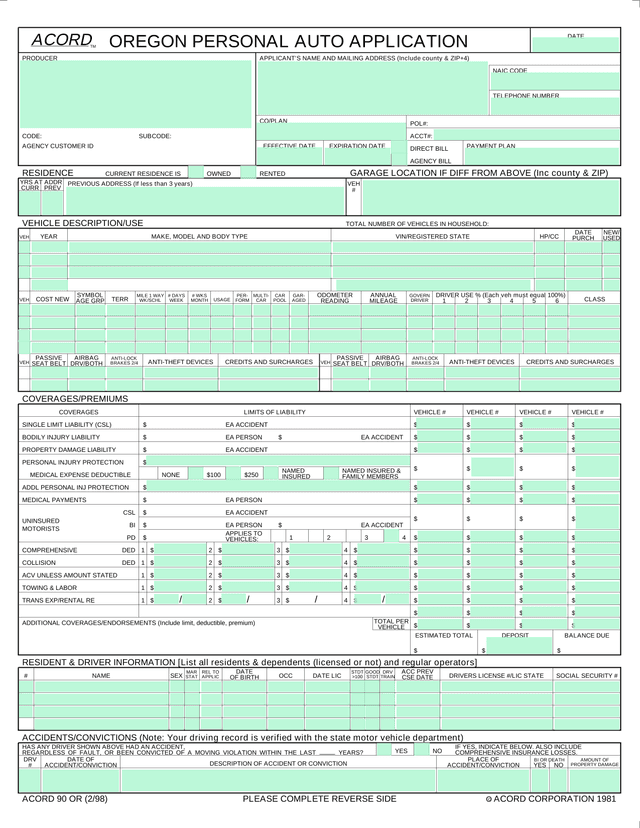 Oregon Personal Auto Application (ACORD 90 OR) screenshot