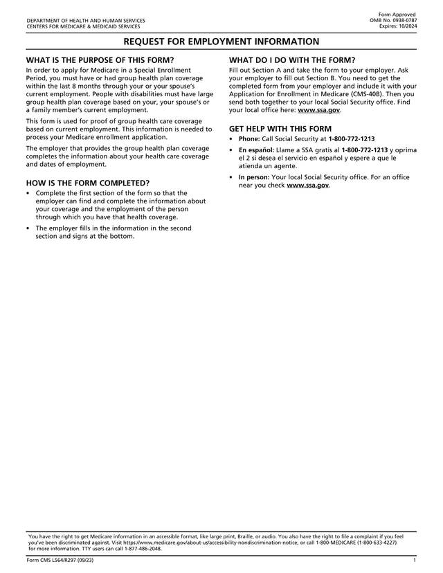 Request For Employment Information (CMS L564R297) screenshot