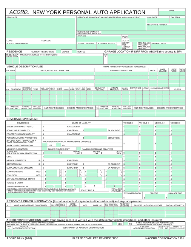 New York Personal Auto Insurance Application (ACORD 90 NY) screenshot