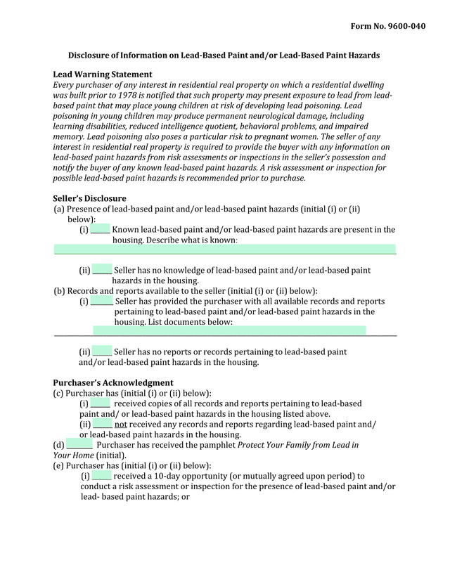 Lead Based Paint Hazards Disclosure (9600 040) screenshot