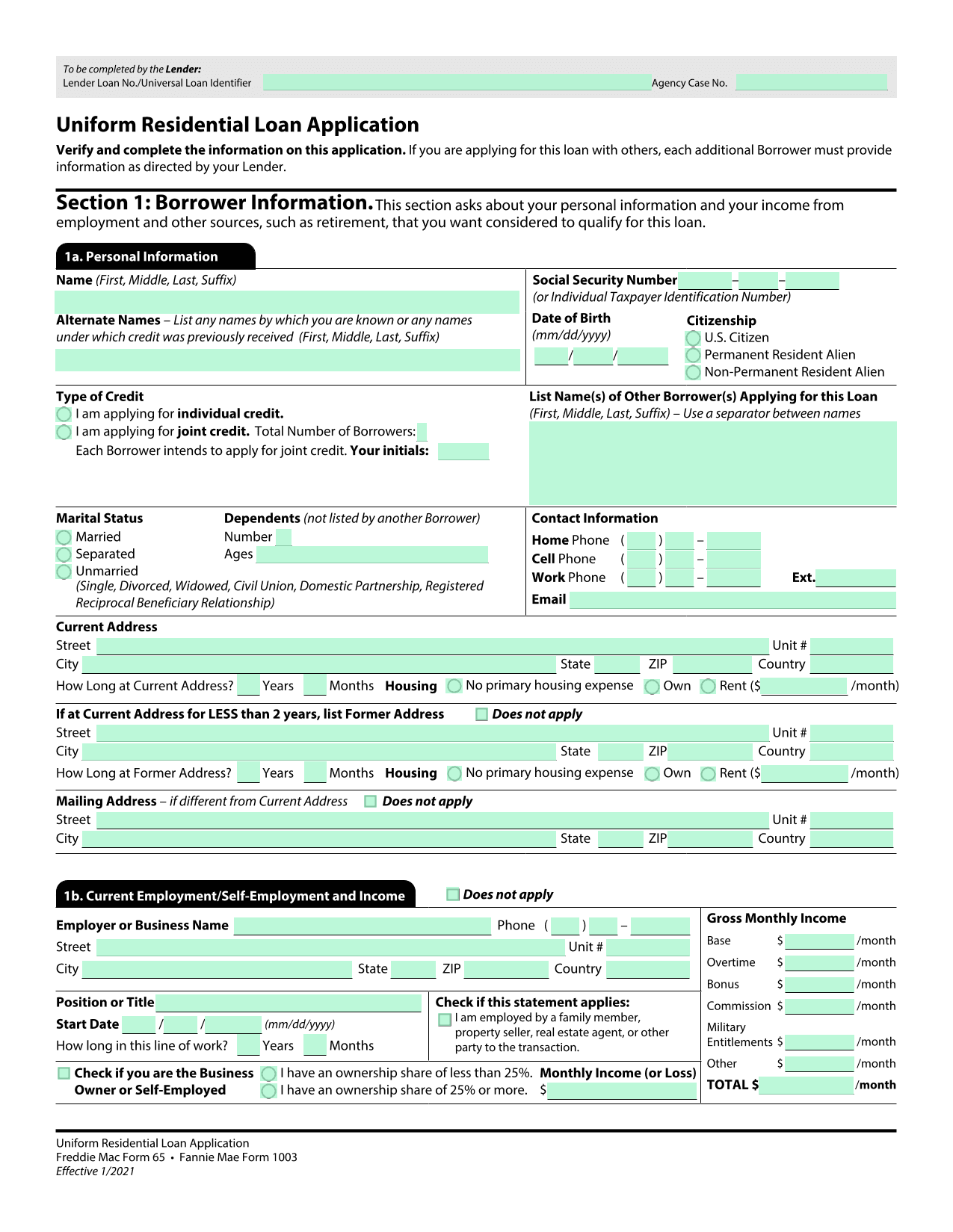 Uniform Residential Loan Application (Form 651003) screenshot