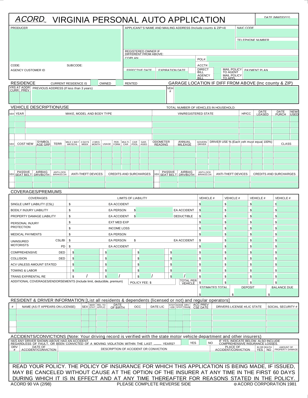Virginia Personal Auto Application (ACORD 90 VA) screenshot