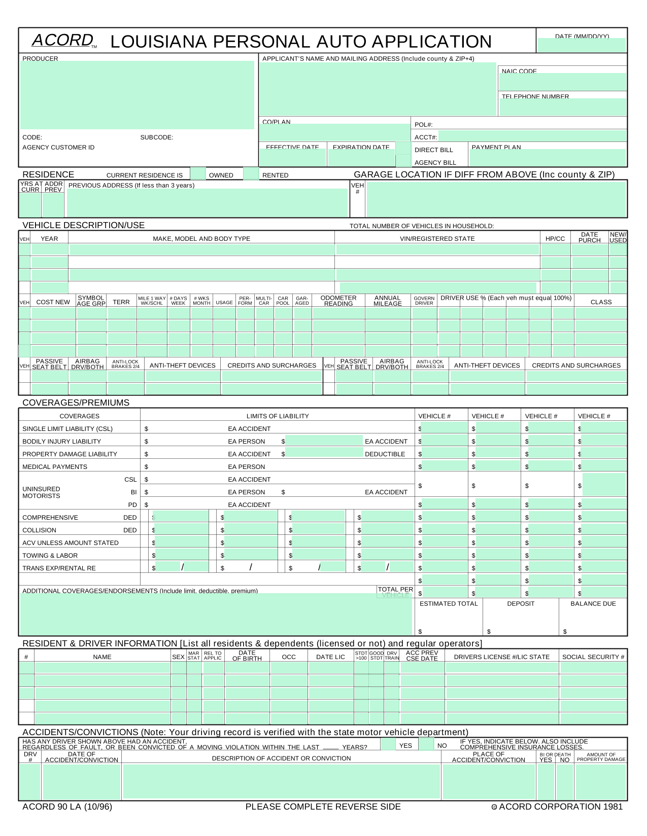 Louisiana Personal Auto Application (ACORD 90 LA) screenshot
