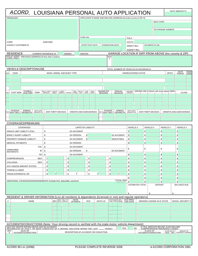 Louisiana Personal Auto Application (ACORD 90 LA) screenshot
