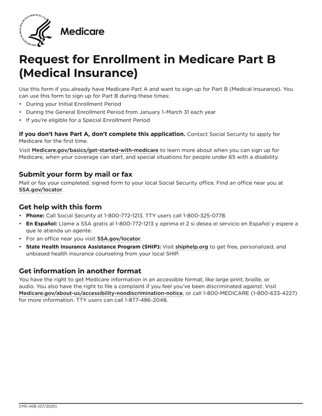 Request For Enrollment In Medicare Part B (Form CMS 40B) screenshot