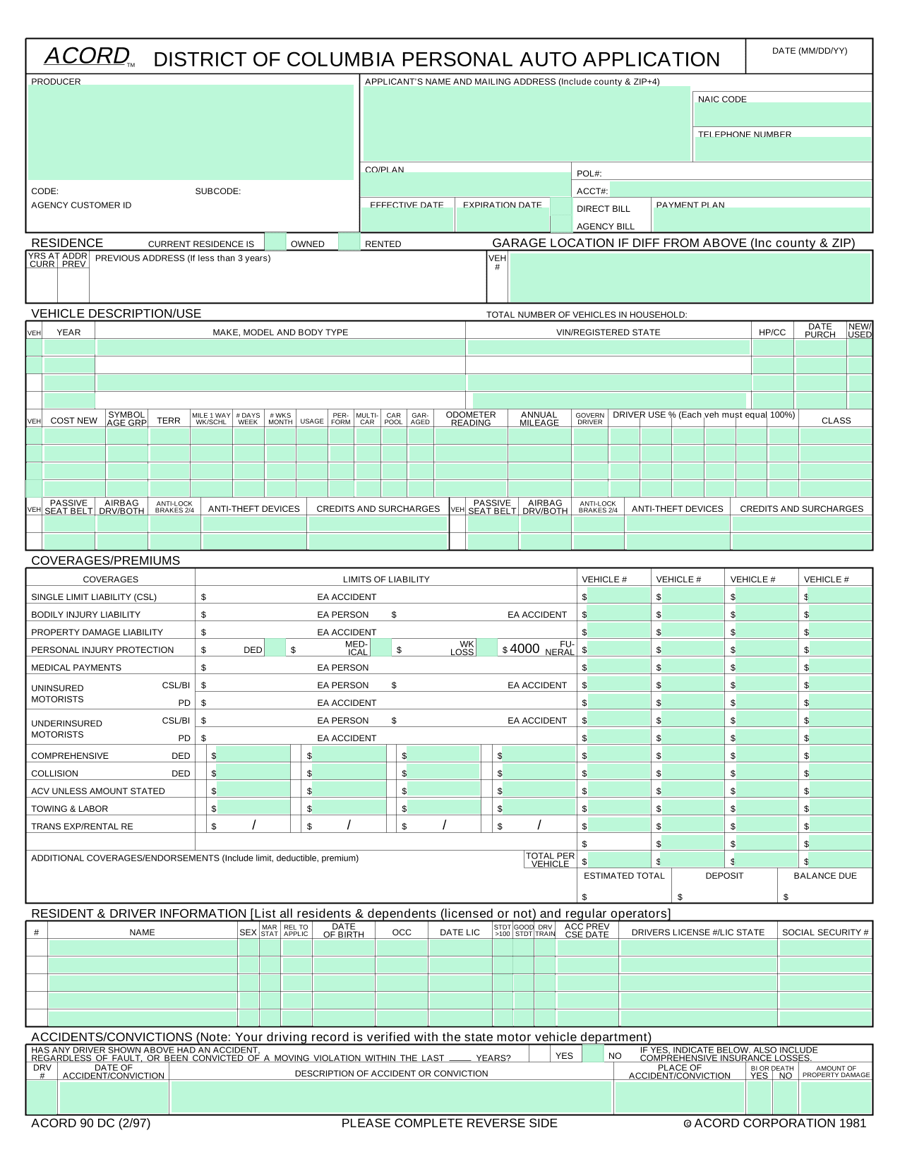 District Of Columbia Personal Auto Application (ACORD 90 DC) screenshot