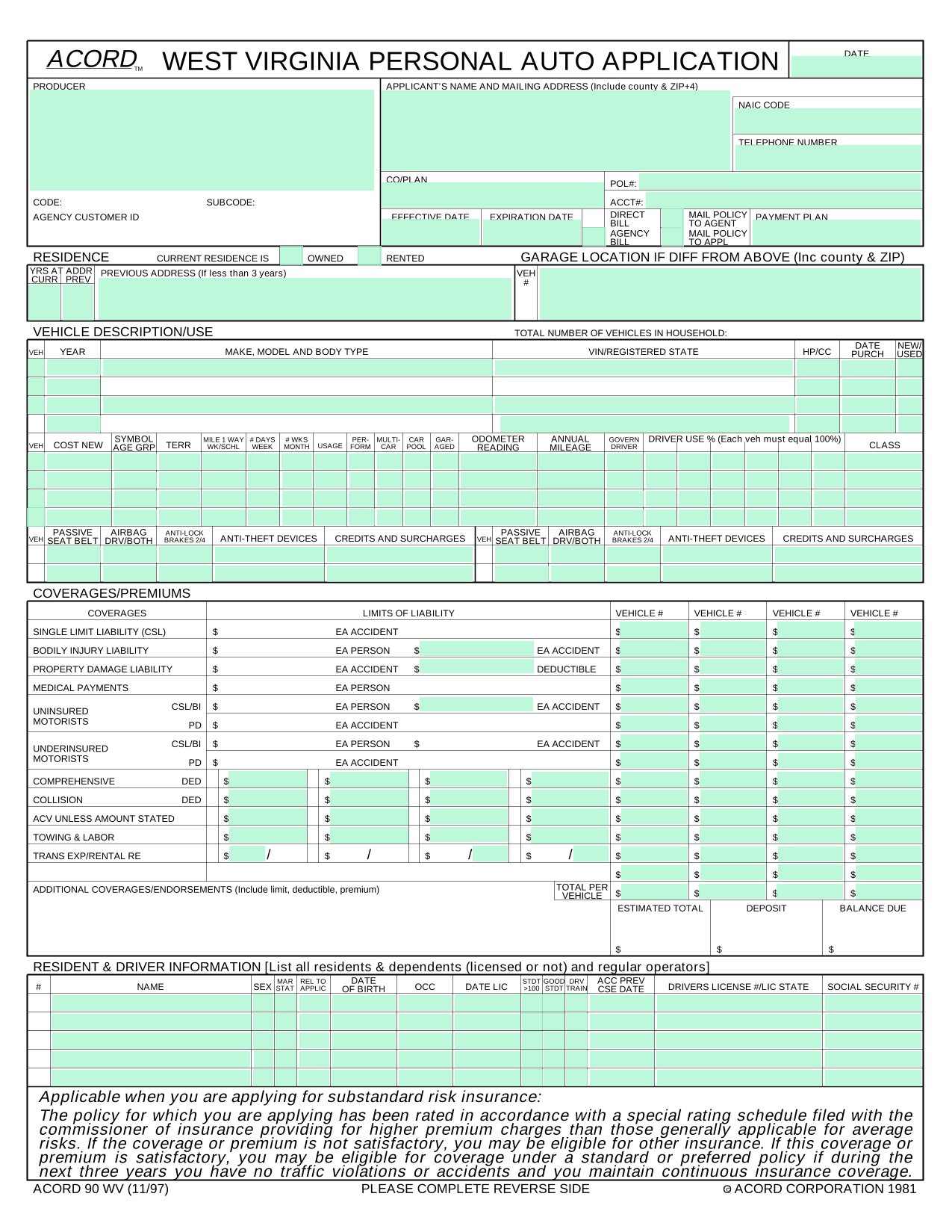 West Virginia Personal Auto Application (ACORD 90 WV) screenshot