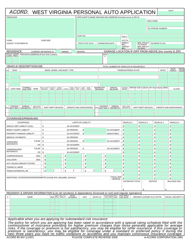 West Virginia Personal Auto Application (ACORD 90 WV) screenshot