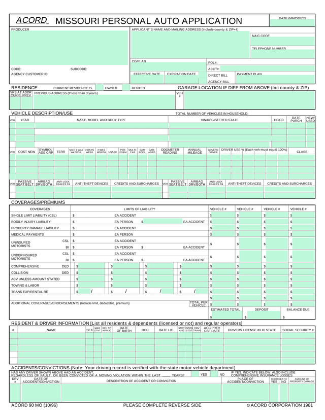 Missouri Personal Auto Application (ACORD 90 MO) screenshot