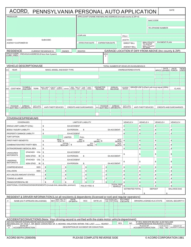 Auto Insurance Application Form screenshot